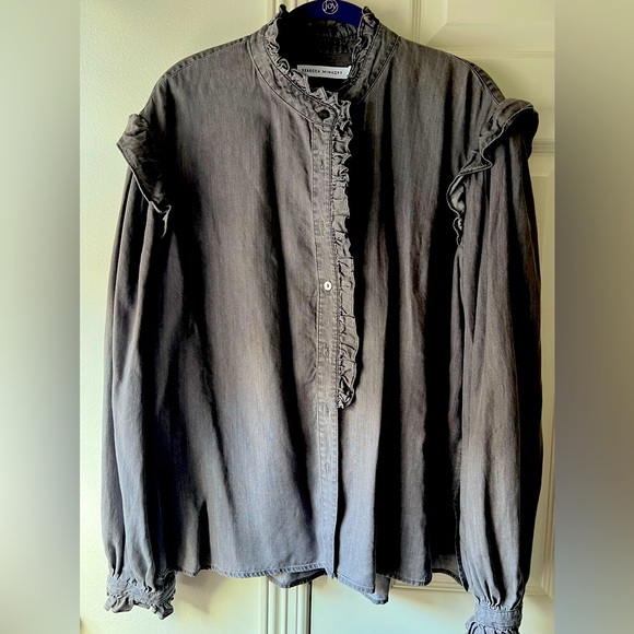Rebecca Minkoff grey denim ruffle blouse - Picture 1 of 3
